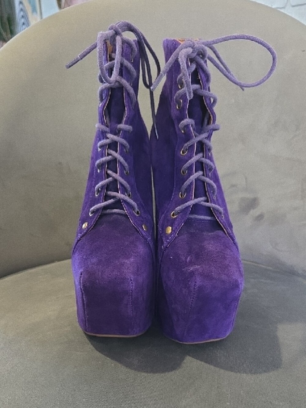 Jeffrey Campbell Purple Suede Lace-Up Sculpted Platform Wedge Boots - Picture 3 of 8